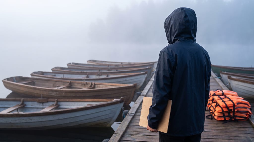 A person in a hooded navy rain jacket seen from behind on a wooden dock in morning mist, holding a clipboard, a line of moored wooden rowing boats to the left and a stack of orange life jackets on the dock.