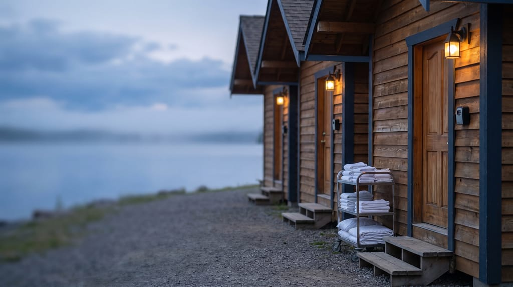 A row of timber holiday cottages along a gravel lakeside path at dusk, porch lamps lit, key lockboxes beside the doors, and a trolley of folded white linens by the nearest step.