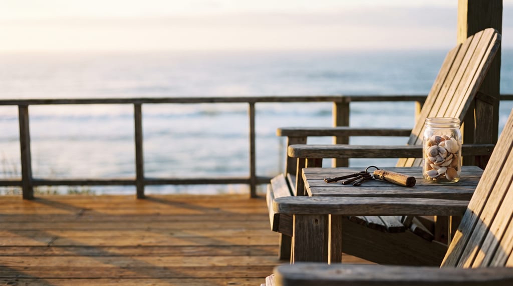 A wooden deck above the sea in low golden light, two weathered deck chairs and a small table holding a set of keys on a wooden fob and a glass jar of shells.