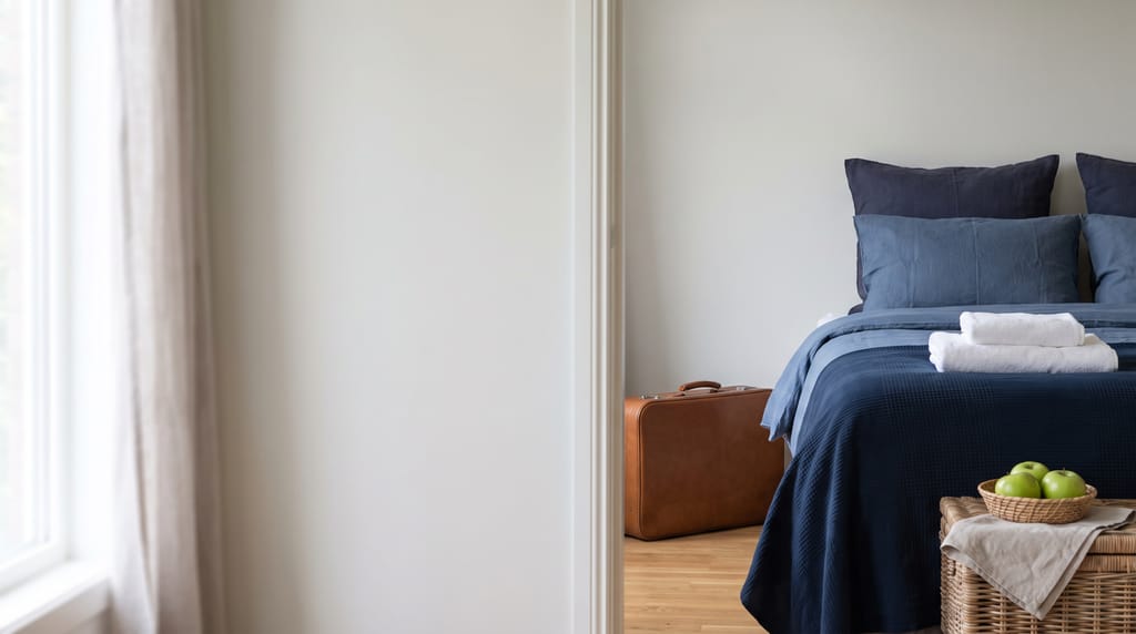 A bedroom in a holiday apartment seen through an open doorway: a navy-covered bed with folded white towels, a wicker basket of green apples at its foot, and a brown leather suitcase by the wall.