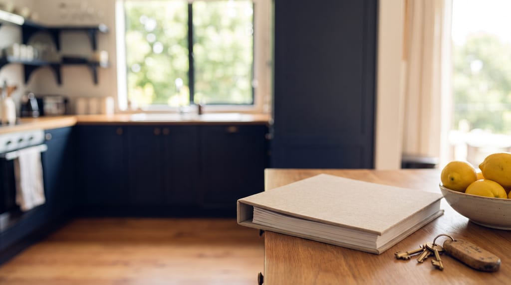 A kitchen counter in morning light with a closed linen-covered binder, a set of keys on a wooden fob and a bowl of lemons, navy cabinets and a window with trees behind, out of focus.
