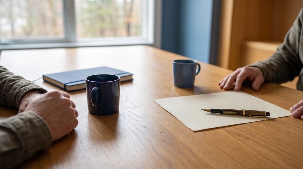 A wooden meeting table with a blank sheet of cream paper and a fountain pen, two mugs and a closed blue notebook, two people's hands resting at either edge of the frame.
