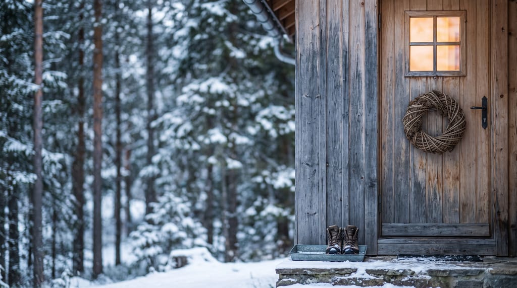 The wooden front door of a snowbound cabin with a woven wreath and a lit window, a pair of hiking boots in a tray on the step, snowy pines to the left.