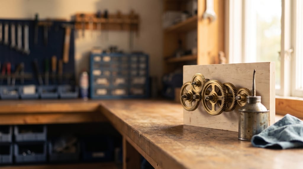 A workbench with a row of brass gears meshed together on a pale wooden board, an oil can and a folded blue cloth beside it, tools on a pegboard out of focus behind.