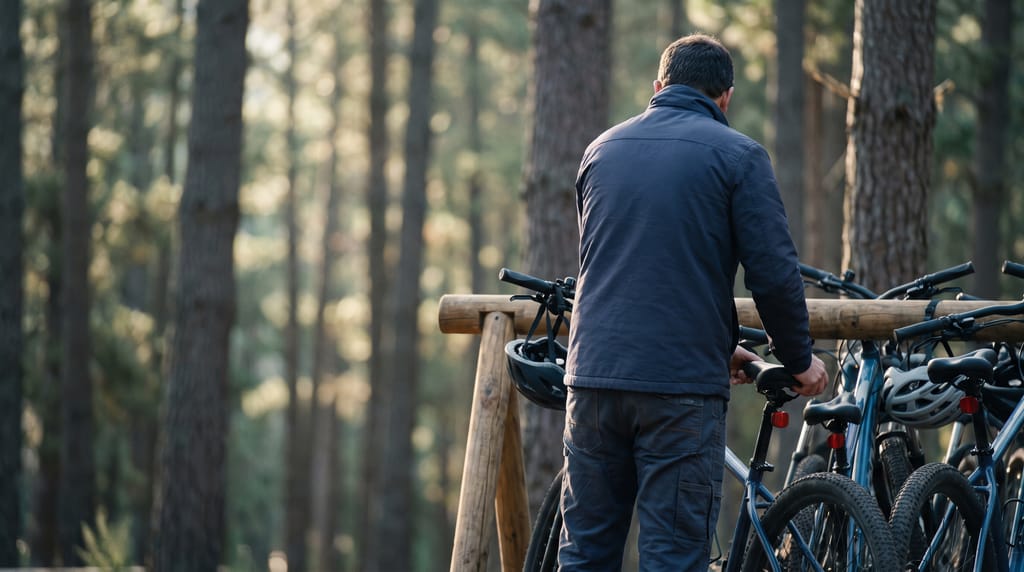 A person seen from behind adjusting the saddle of a bicycle in a wooden rack at the edge of a pine forest, helmets hanging from the handlebars of the bikes beside it.