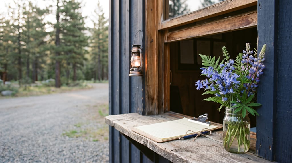 The service hatch of a campground check-in cabin in the morning, navy boards and a lit lantern beside it, a clipboard of blank forms with a pen tied on with twine on the ledge next to a jar of bluebells, pines and a gravel road out of focus to the left.