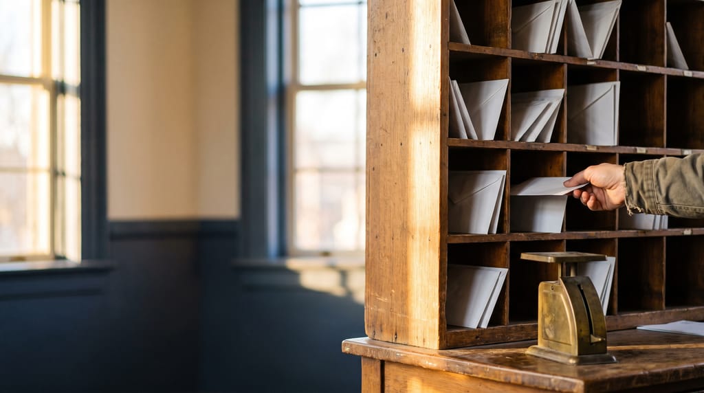 A tall wooden rack of pigeonholes holding plain envelopes in a sunlit room, a hand at the edge of the frame sliding one into a slot, a brass letter scale on the desk below.