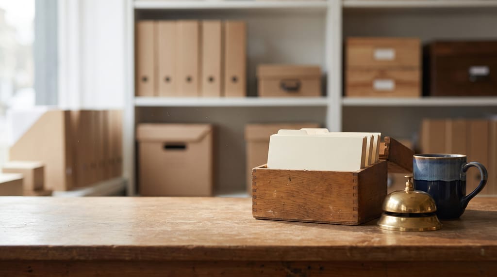 A worn wooden counter with a wooden box of blank index cards, a brass service bell and a blue mug, shelves of kraft folders and storage boxes behind, out of focus.