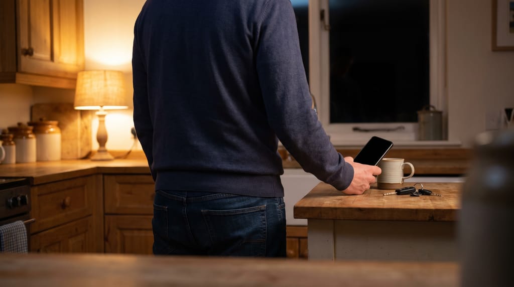A person seen from behind at a kitchen counter in the evening, one hand on the worktop and the other holding a phone with a dark switched-off screen, a mug and car keys beside them under lamplight.