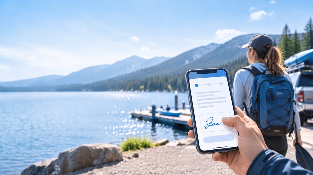 A hand holding a phone showing a document and a signature, beside a mountain lake with a dock, small boats and a person walking to the water with a backpack.