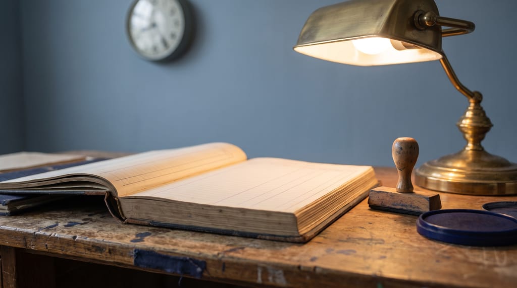 An open hardbound ledger of ruled columns on a worn wooden desk under a lit brass lamp, a rubber stamp and ink pad beside it, a plain wall clock soft in the background.