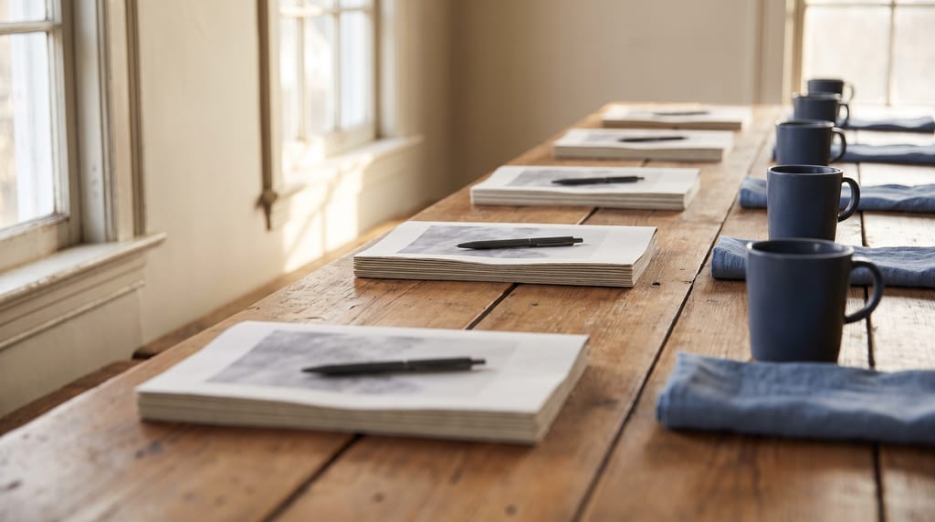 A long timber table set with six identical stacks of unbound printed paper spaced evenly down its length, a pen laid across each stack and mugs beside them, light from tall windows.
