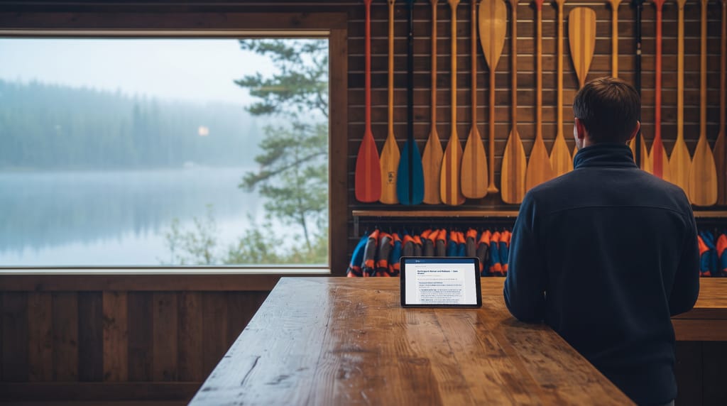 Two paddlers in buoyancy aids holding kayak paddles at a lakeside hire counter, talking to a member of staff who is holding a clipboard with a form on it. Kayaks are drawn up on the shore behind them.