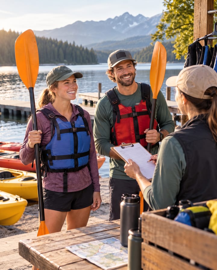 Two paddlers in buoyancy aids holding kayak paddles at a lakeside hire counter, talking to a member of staff who is holding a clipboard with a form on it. Kayaks are drawn up on the shore behind them.