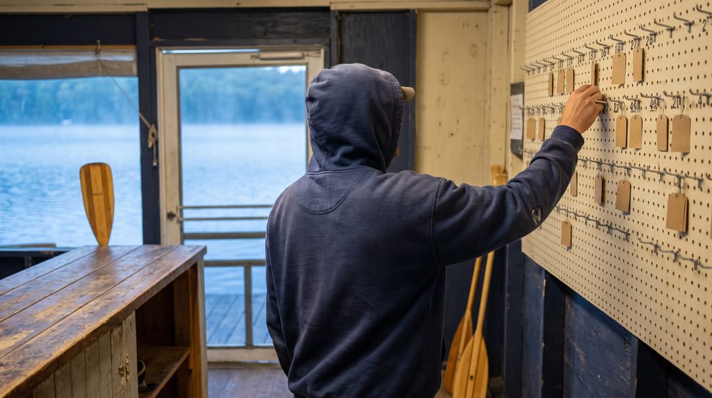 A staff member seen from behind reaching up to a pegboard of numbered hooks with blank wooden tags, wooden paddles leaning at the end of the counter and a screen door onto the water beyond.