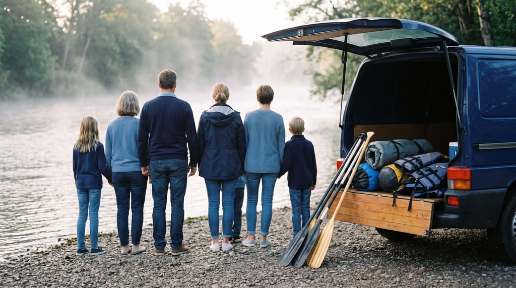 A family group of six adults and children standing side by side on a gravel river bank at dawn, all seen from behind, beside an open van with paddles, dry bags and rolled gear in the back.
