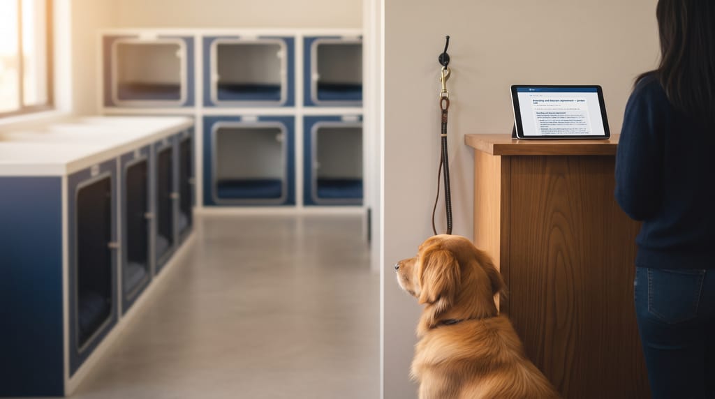 A receptionist in scrubs at a pet salon counter handing a tablet to a customer, with a golden retriever on a lead sitting at the counter between them.