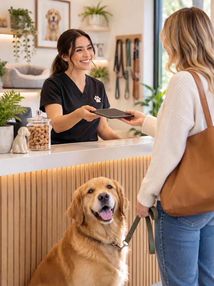 A receptionist in scrubs at a pet salon counter handing a tablet to a customer, with a golden retriever on a lead sitting at the counter between them.
