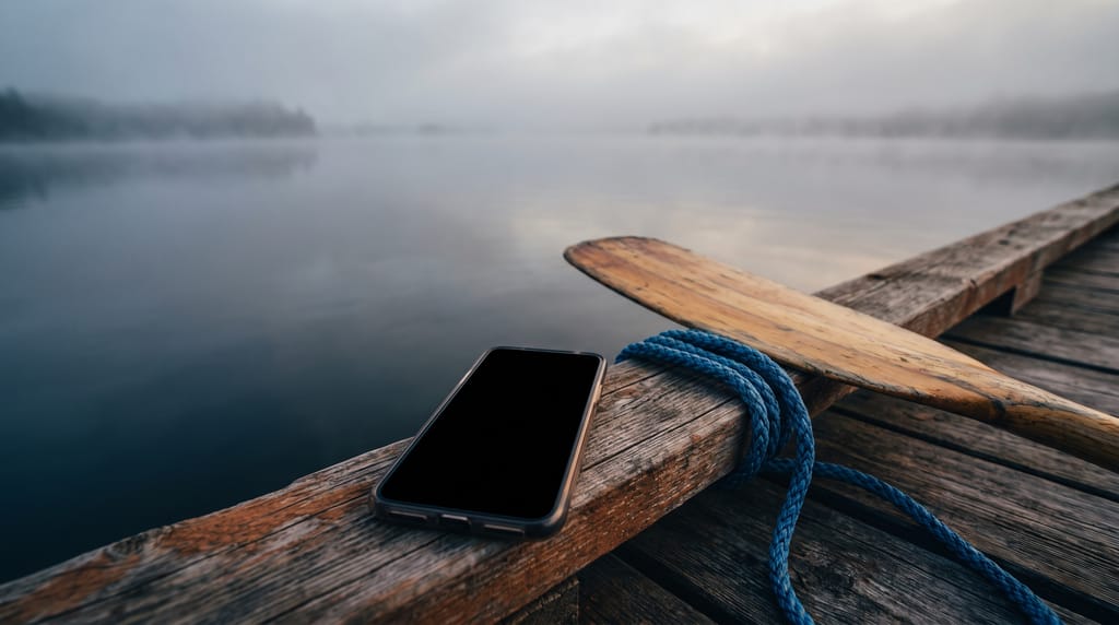 A phone lying face up with a dark switched-off screen on a weathered timber dock rail, a coiled line and a paddle blade beside it, still water and morning mist beyond.