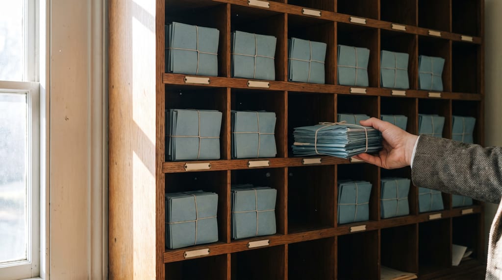 A wall of wooden pigeonholes with a squared bundle of papers in most slots, a hand at the edge of the frame sliding one bundle into place, daylight from a window beside it.
