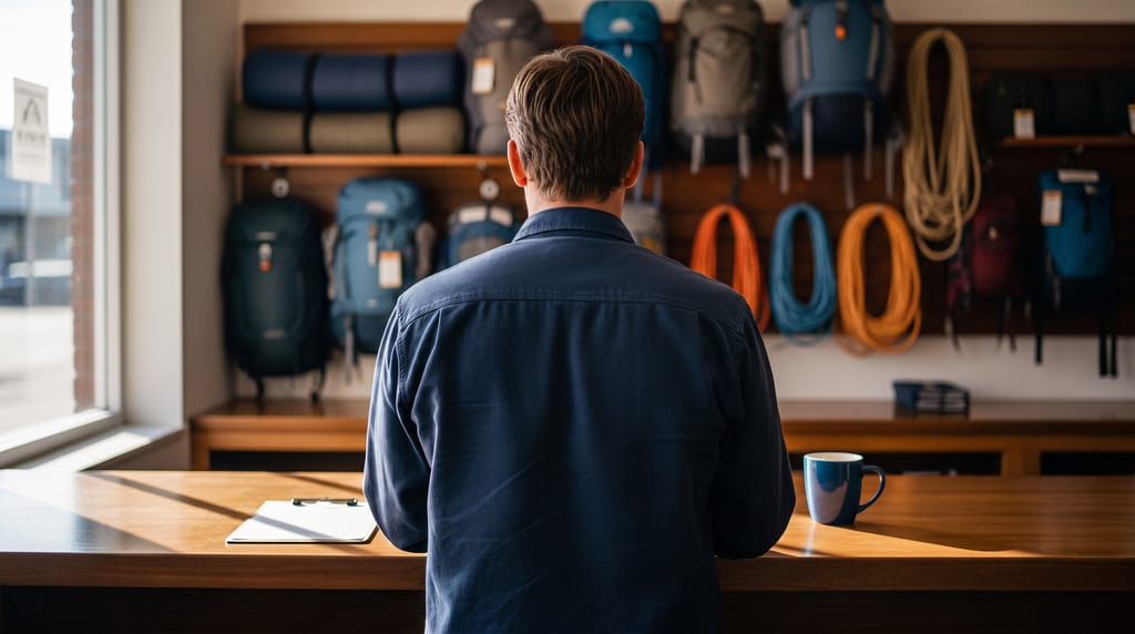 A person seen from behind standing at a long wooden counter in a rental shop, a blank clipboard and a mug on the counter, packs and coiled ropes on shelves behind, morning light from a window at the left.