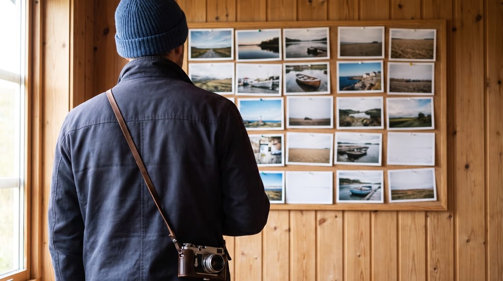 A person with a camera on a worn strap seen from behind, standing close to a timber wall pinned with two dozen small printed photographs of boats, shorelines and empty fields.