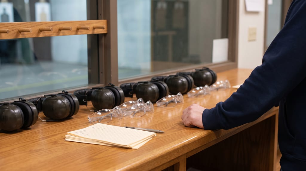 The timber check-in counter of an indoor shooting range: rows of over-ear hearing protection and clear safety glasses laid out, a blank ruled pad and a pen, empty pegs on a rail, and the lanes soft behind a glass partition.