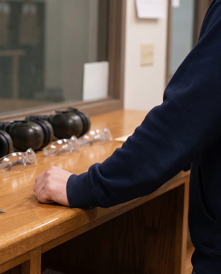 The timber check-in counter of an indoor shooting range: rows of over-ear hearing protection and clear safety glasses laid out, a blank ruled pad and a pen, empty pegs on a rail, and the lanes soft behind a glass partition.