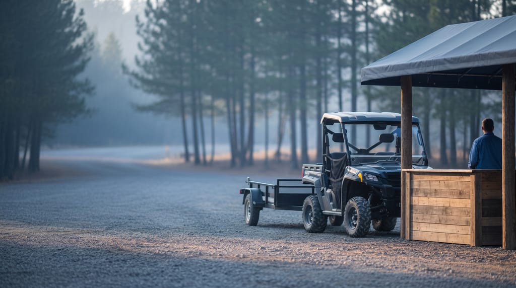 An equipment rental yard at opening time: a side-by-side UTV and a small utility trailer on gravel, a mini excavator behind, and a customer seen from behind at the wooden office's outdoor counter with a tablet and a set of keys.