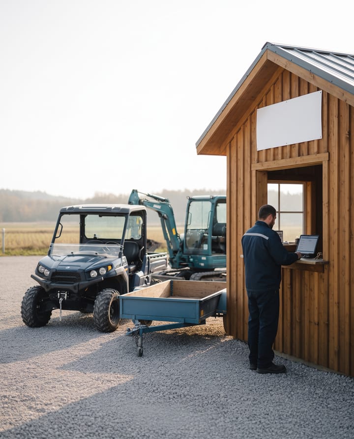 An equipment rental yard at opening time: a side-by-side UTV and a small utility trailer on gravel, a mini excavator behind, and a customer seen from behind at the wooden office's outdoor counter with a tablet and a set of keys.
