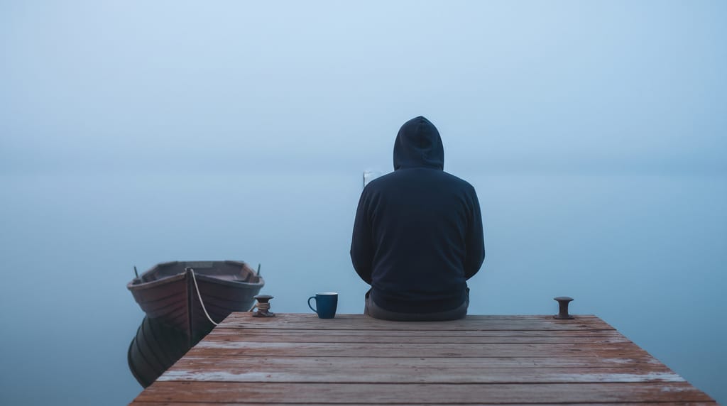 A person in a hooded top seen from behind, sitting at the end of a wooden dock in morning mist, a mug beside them, a small boat moored to the left.