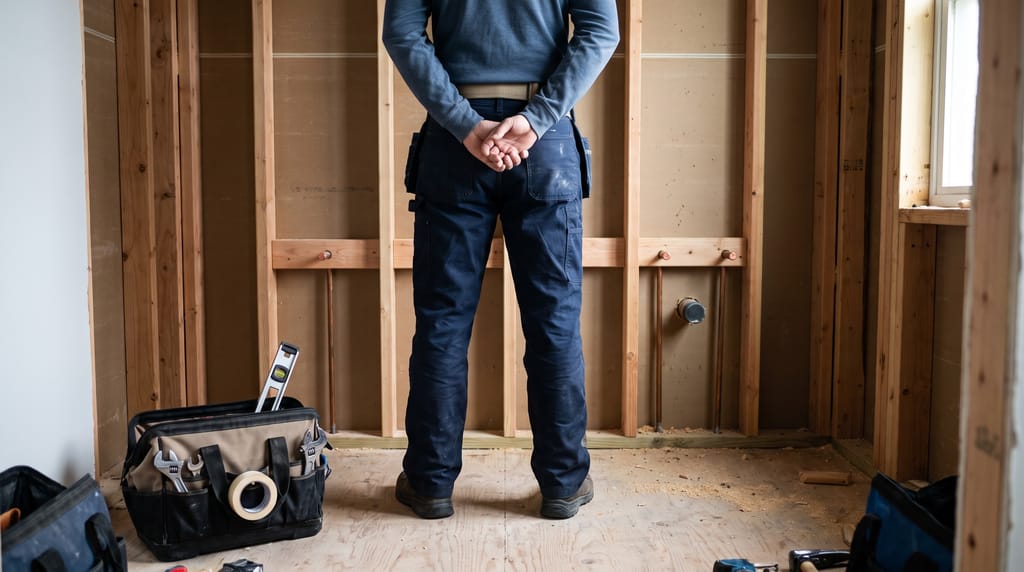 A tradesperson in work clothes seen from behind, standing still with their hands behind their back in front of an open stud wall with capped pipe stubs in it, an open tool bag on the bare plywood floor.