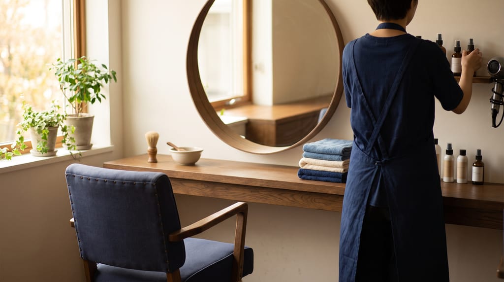 A salon station at opening: a chair facing a round mirror, a bowl and brush and folded towels on a warm wood counter, a stylist seen from behind setting out tools by a window.