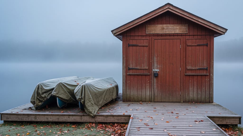 A small timber boat-rental kiosk on a lake shore closed for the season: shutters down, a padlock on the door, canoes upside down under a tarp beside it, fallen leaves and frost on the dock, mist over the water.