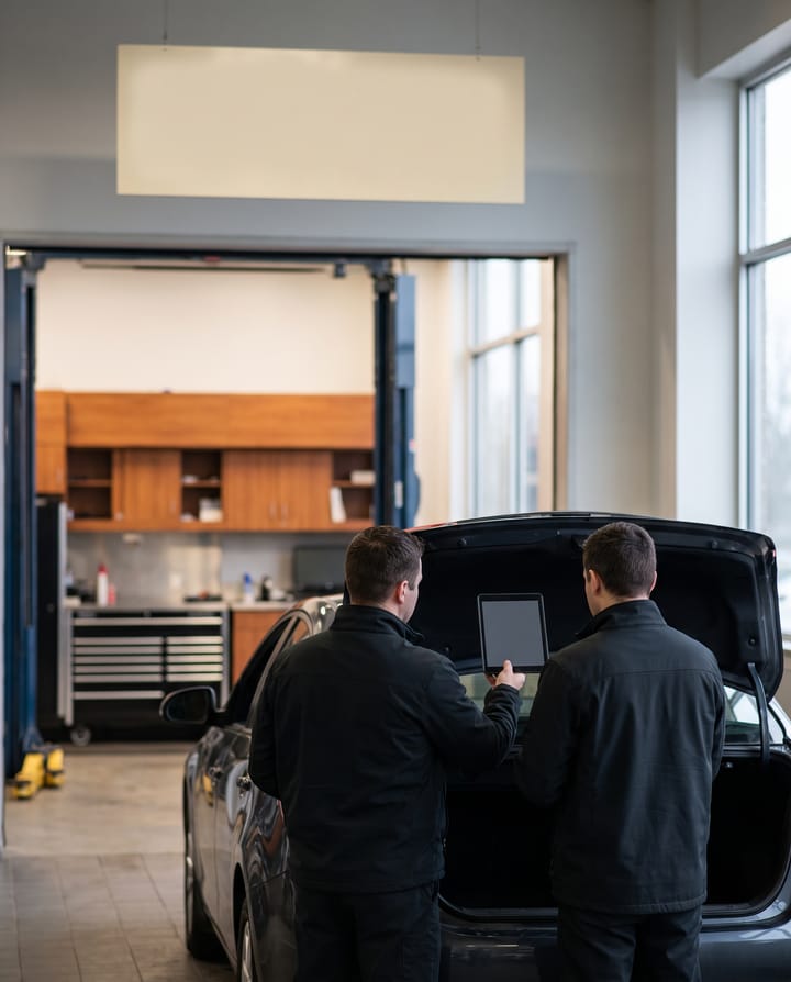 Two people seen from behind standing at the back of a car in the service lane of a repair shop, one holding a tablet, the open bay with a lift and tool chests beyond.
