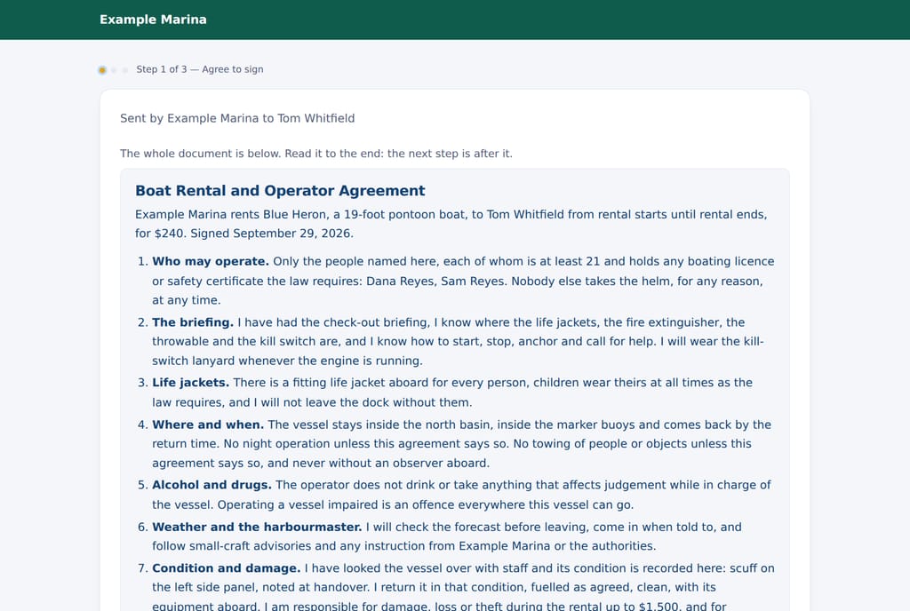 A signing page under white label: the business's own name on its own colour across the top, and the boat rental agreement below.
