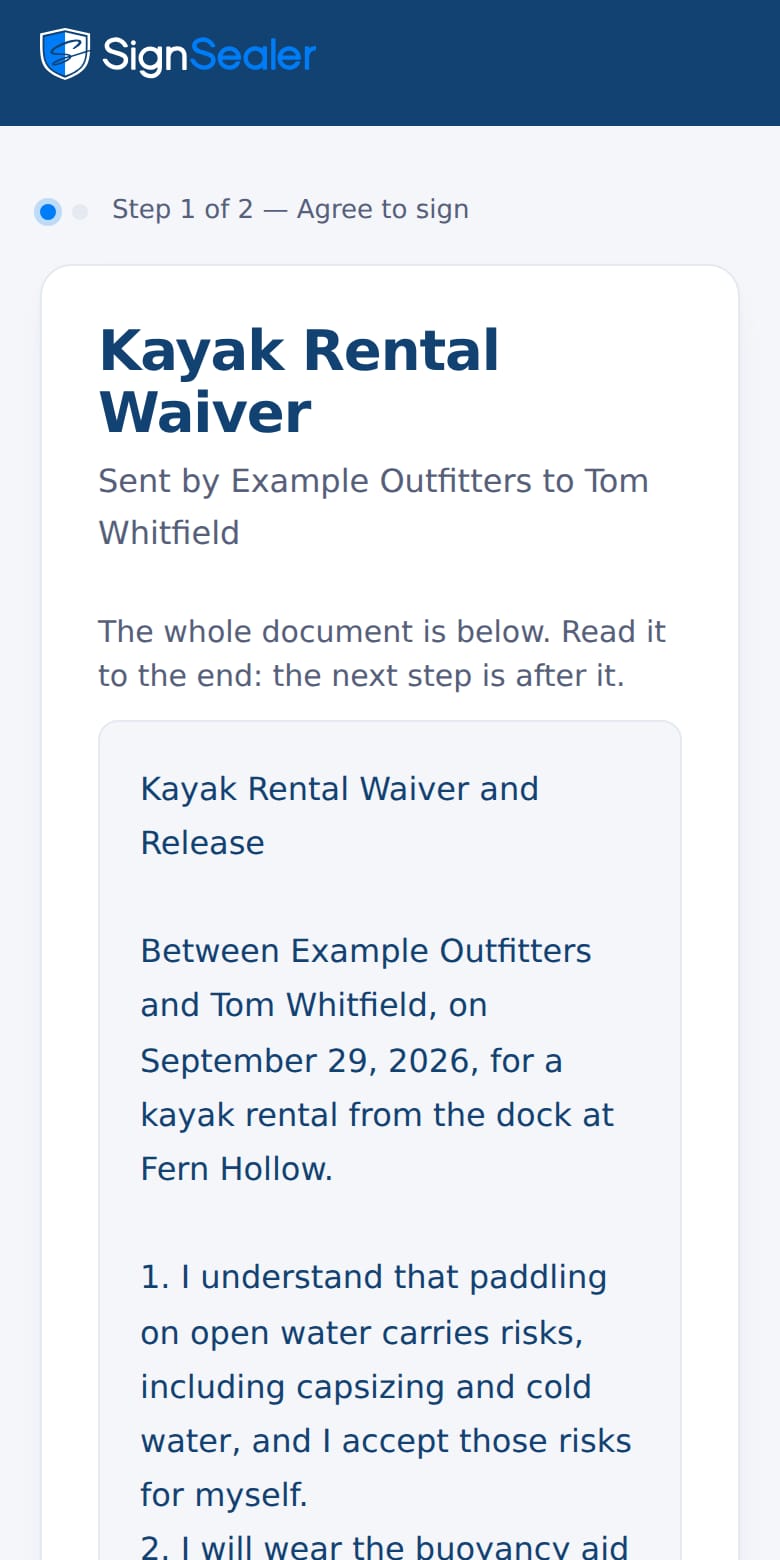 The signing page on a phone: two dots and “Step 1 of 2 — Agree to sign”, the waiver's title and who sent it to whom, the agreement's own text in a panel, and a link reading “What is recorded when I sign”.