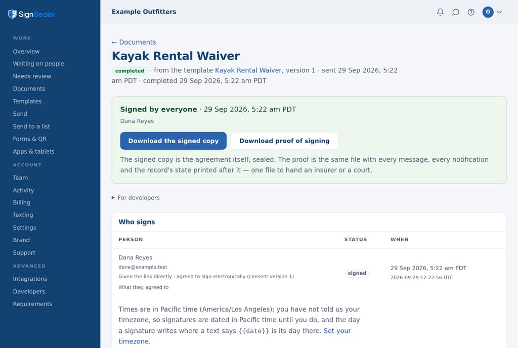 One document's page in the portal: a green panel saying it is signed by everyone, who signed and when, and two buttons — download the signed copy, download proof of signing — over the signer's own row and its times.