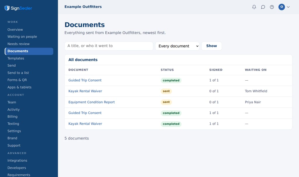 The portal's Documents page for Example Outfitters: a table of kayak rental waivers, guided trip consents and an equipment condition report, each marked completed or sent, with who has signed and who it is still waiting on.