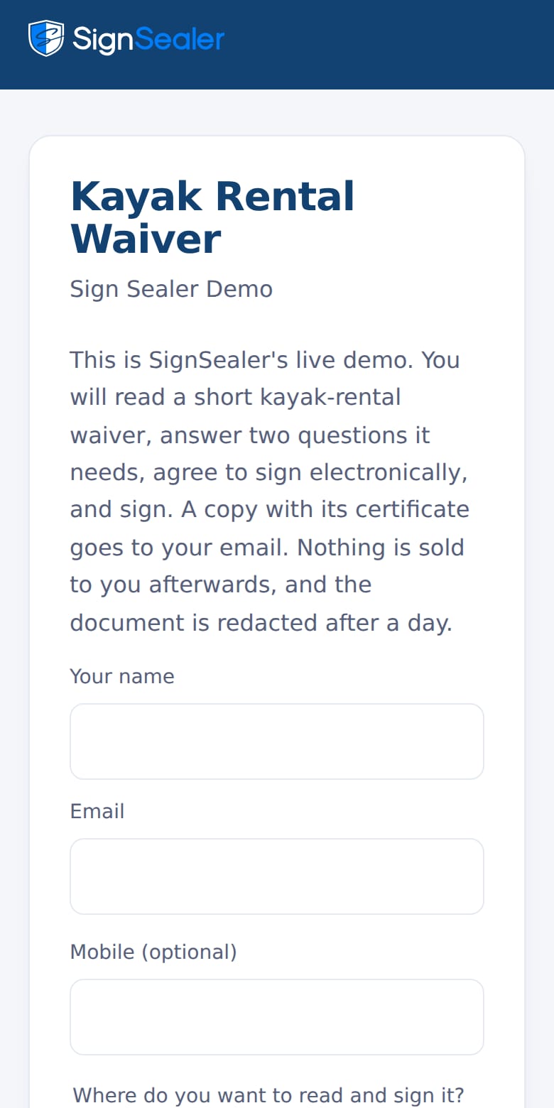The public demo form on a phone: name, email, mobile with a text-me-the-link tick, and two emergency-contact questions.
