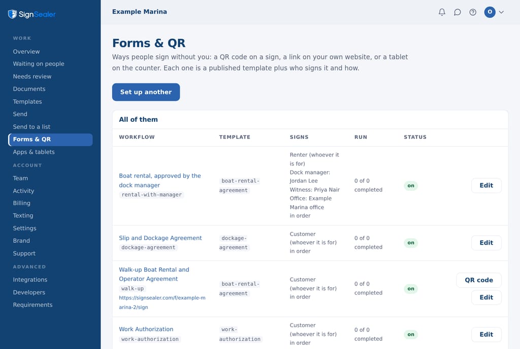Forms and QR: the business's saved ways of sending, each with its template, who signs, how many have run and whether it is on.