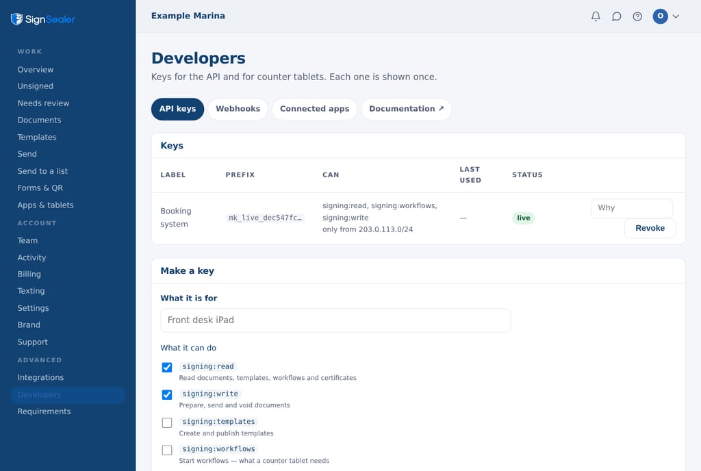 API keys: a key for the booking system, what it may do and the one network it may be used from, and the form that makes another.