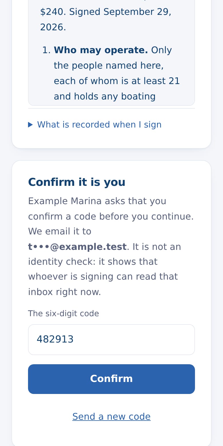 Confirm it is you, on a phone: the business asks for a six-digit code sent to the signer's email, masked, before they go on, and says it is not an identity check.