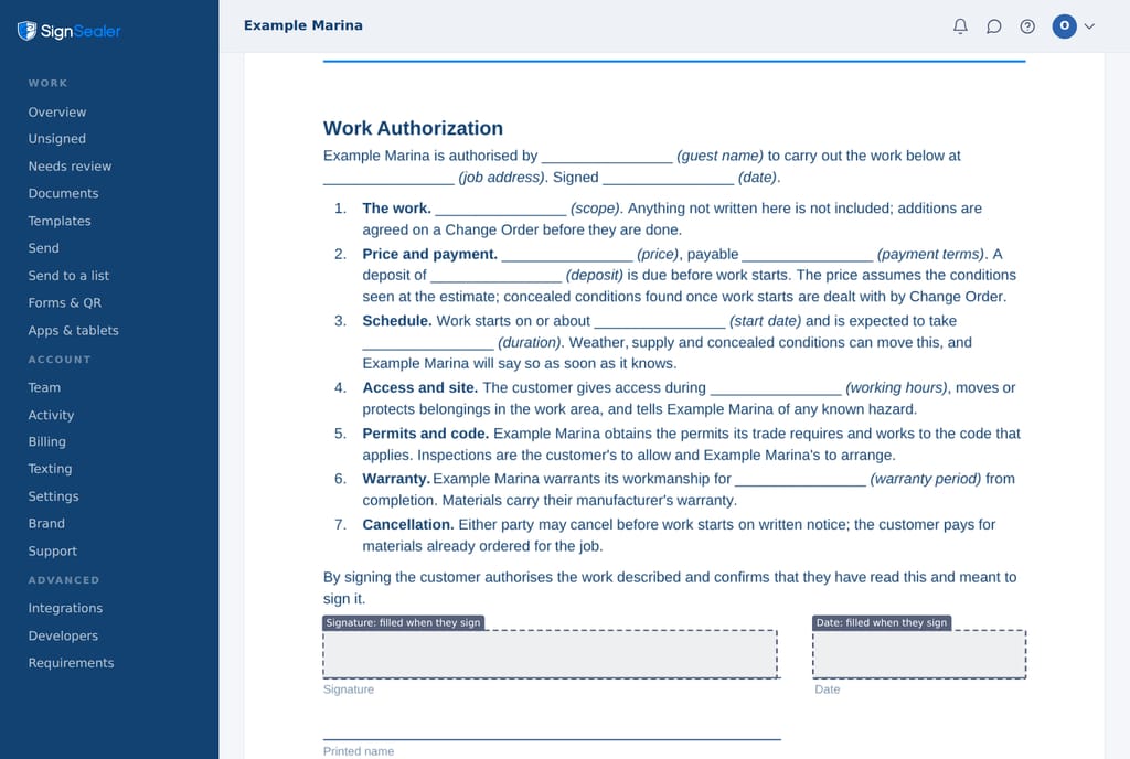 An uploaded PDF, kept whole, with a signature box and a date box placed on the lines it already had.
