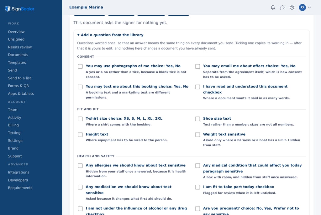 The template editor with the question library open: questions grouped under consent, fit and kit, and health and safety, each added by ticking it.
