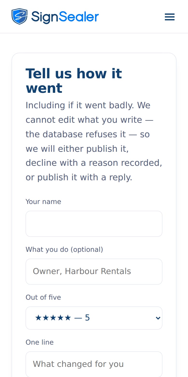 The review form on a phone: a rating, what you use SignSealer for, the review itself and the name to show with it.