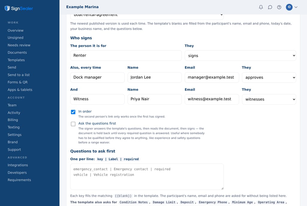The saved-workflow editor for a boat rental: the renter, then a dock manager who approves and a witness, each with a name and email, signing in order.