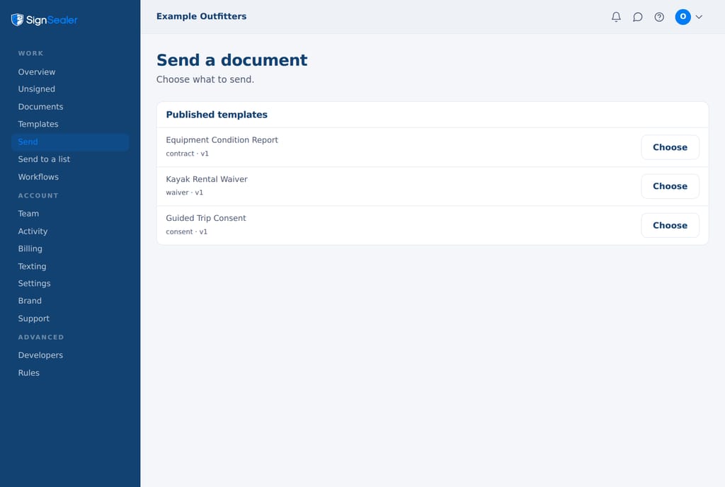 The portal's Send page, listing the three published templates — an equipment condition report, a kayak rental waiver and a guided trip consent — with their kind and version and a Choose button beside each.