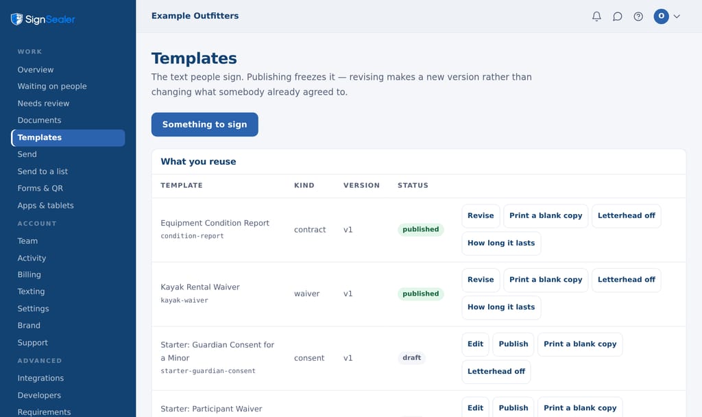 The portal's Templates page: five documents with their kind, version and status — three published, each offering Revise, and the two trade starters still drafts, each offering Edit and Publish.