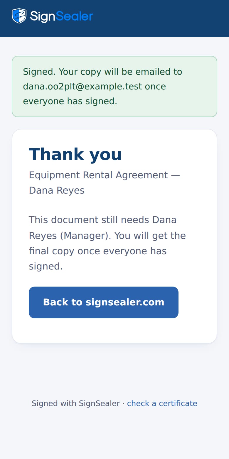 The two-party demo after the renter signs: signed, and the agreement still waiting on the manager before it is complete.